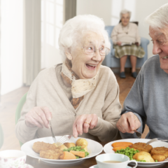 Senior couple sharing a meal together and smiling